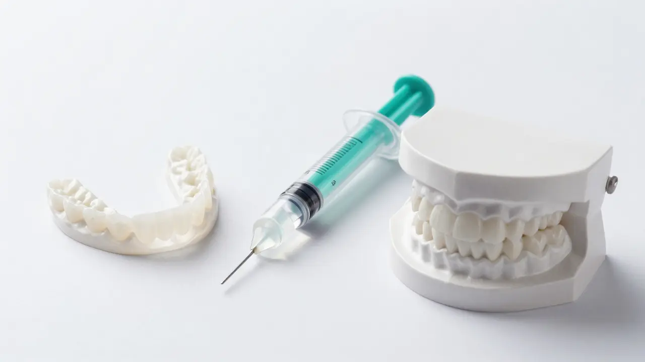 Koláž keramické fazety, bělícího gelu a dentálního modelu na bílém podkladu.