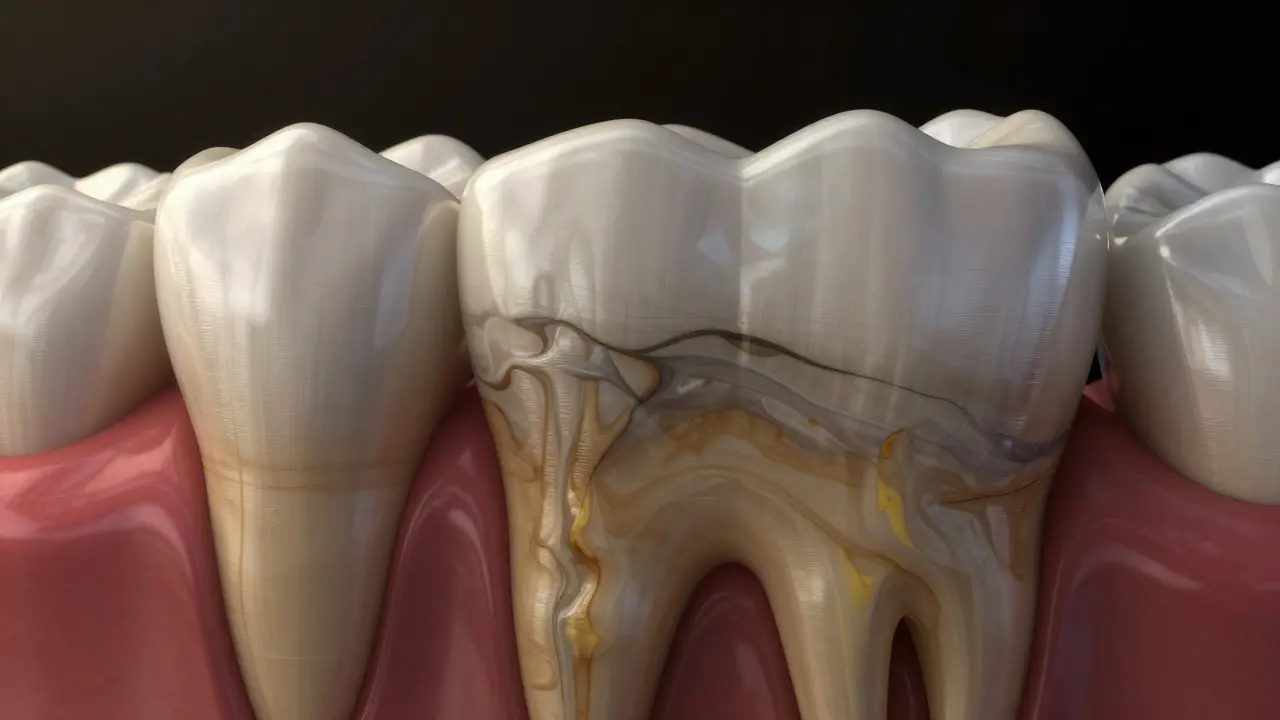 Konceptuální průřez zubem znázornující hluboké tetracyklinové zbarvení v dentinu.
