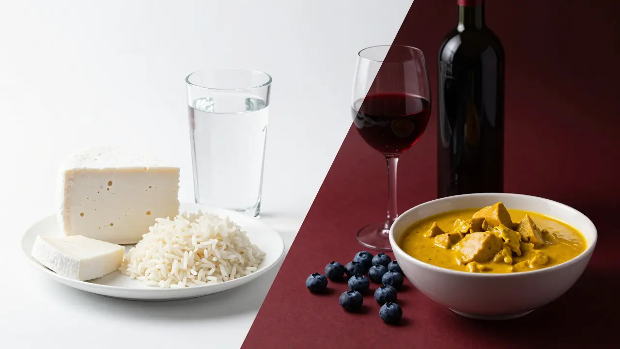 Konceptuální srovnání bílé diety a potravin, které zuby barví.