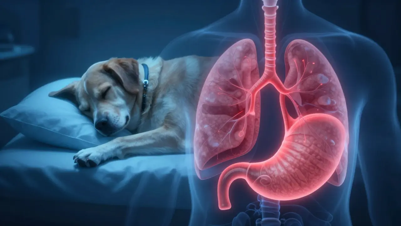 Konceptuální znázornění rizika aspirační pneumonie u psa v narkóze.