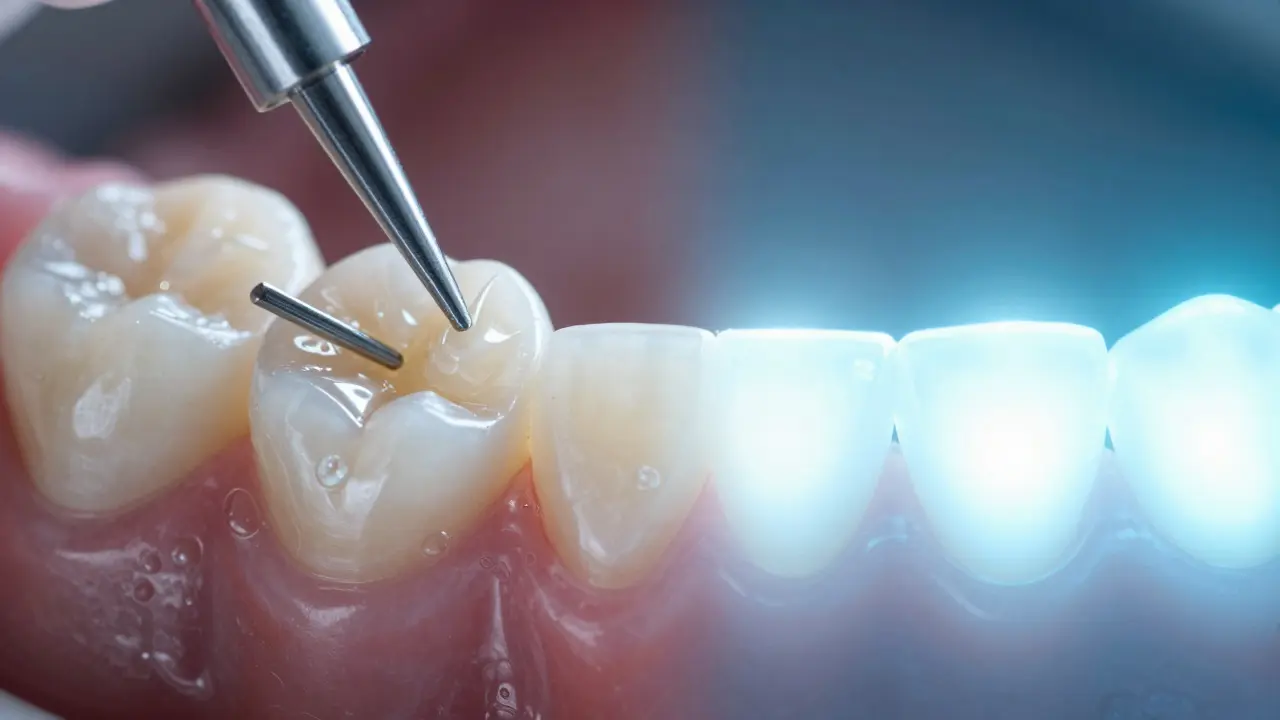 Konceptuální zobrazení kompozitního bondingu a profesionálního bělení zubů.