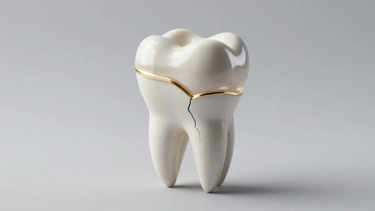 Konceptuální zobrazení křehkého zubu s prasklinou a ochrannou zubní korunkou.