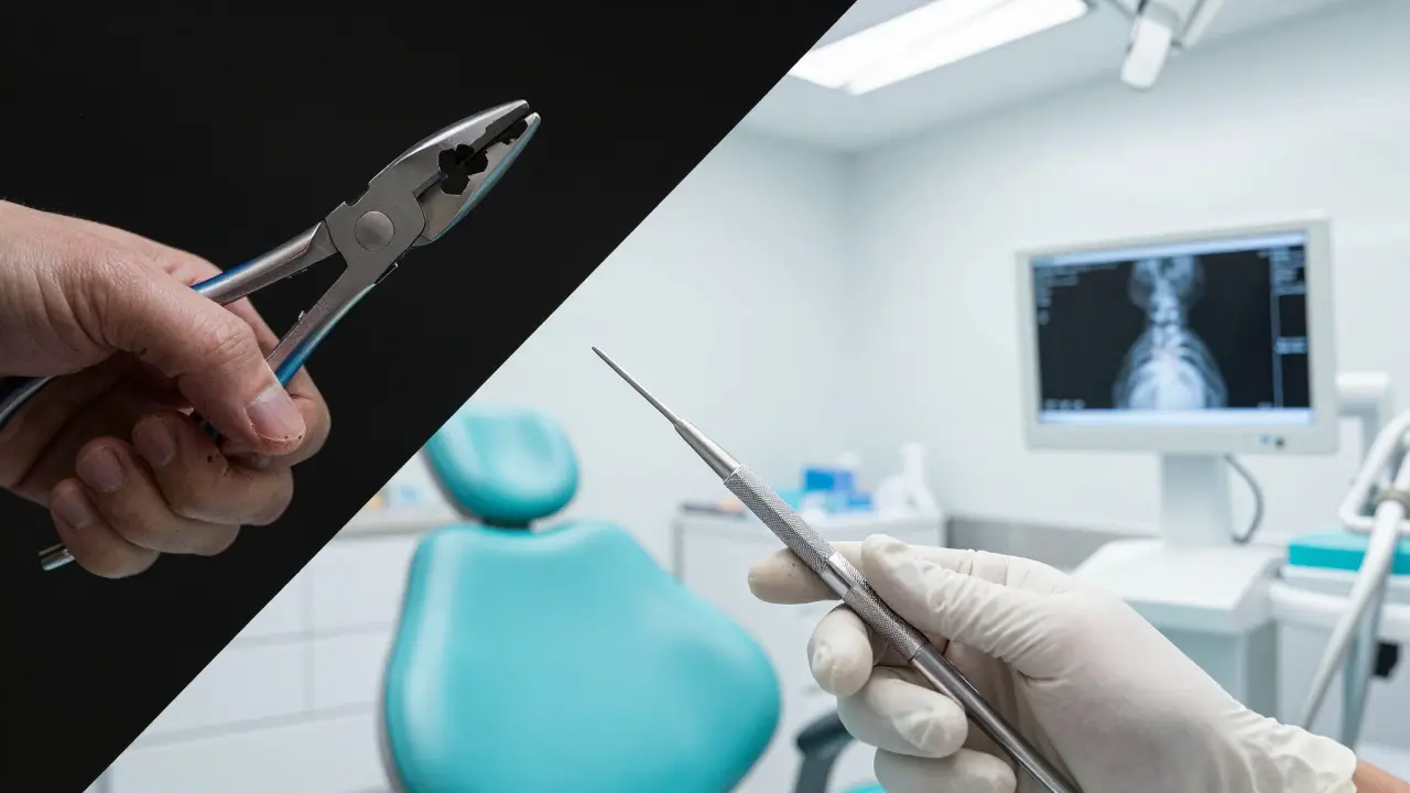 Kontrast mezi brutálním trháním zubů v minulosti a precizní moderní stomatologií.