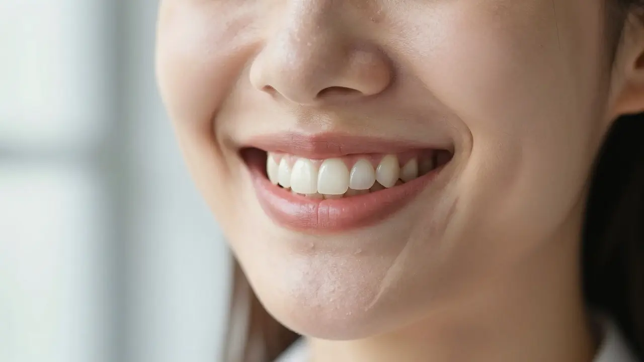 Krásný, přirozený úsměv osoby s esteticky vypracovanými zuby v přirozeném světle.