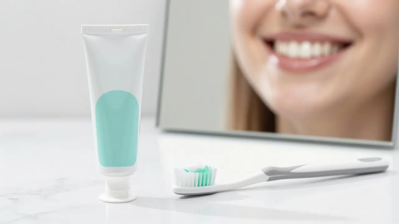 Kvalitní bělící zubní pasta a kartáček na mramorovém podkladu.