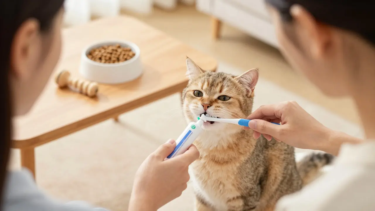 Majitel jemně čistí kočce zuby speciálním kartáčkem v domácím prostředí.