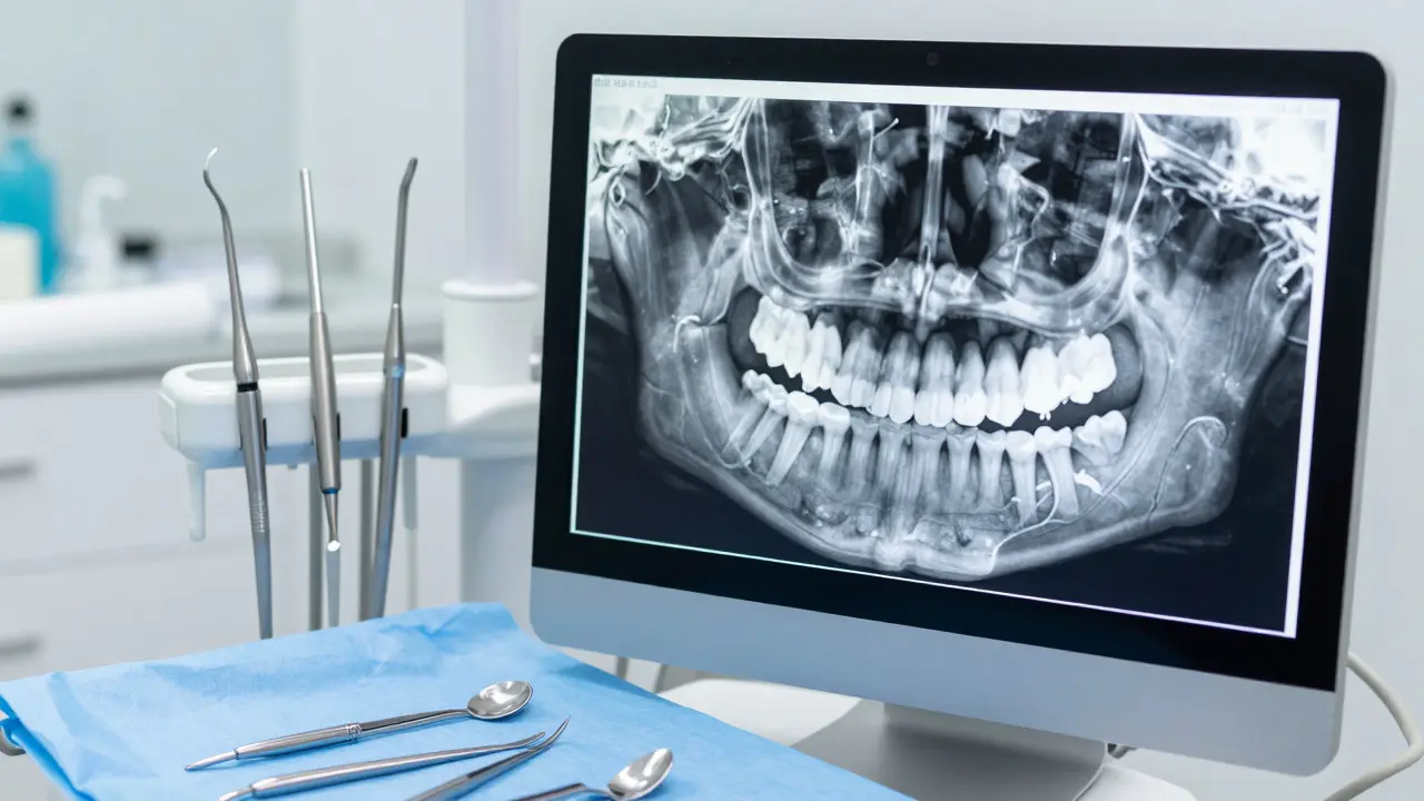 Moderní 3D rentgen čelisti a sterilní nástroje v čisté zubní ordinaci.
