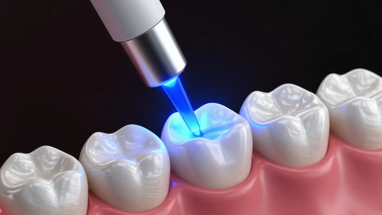 Modré světlo fotopolymerizačního přístroje ztuhující lepidlo u korunky.