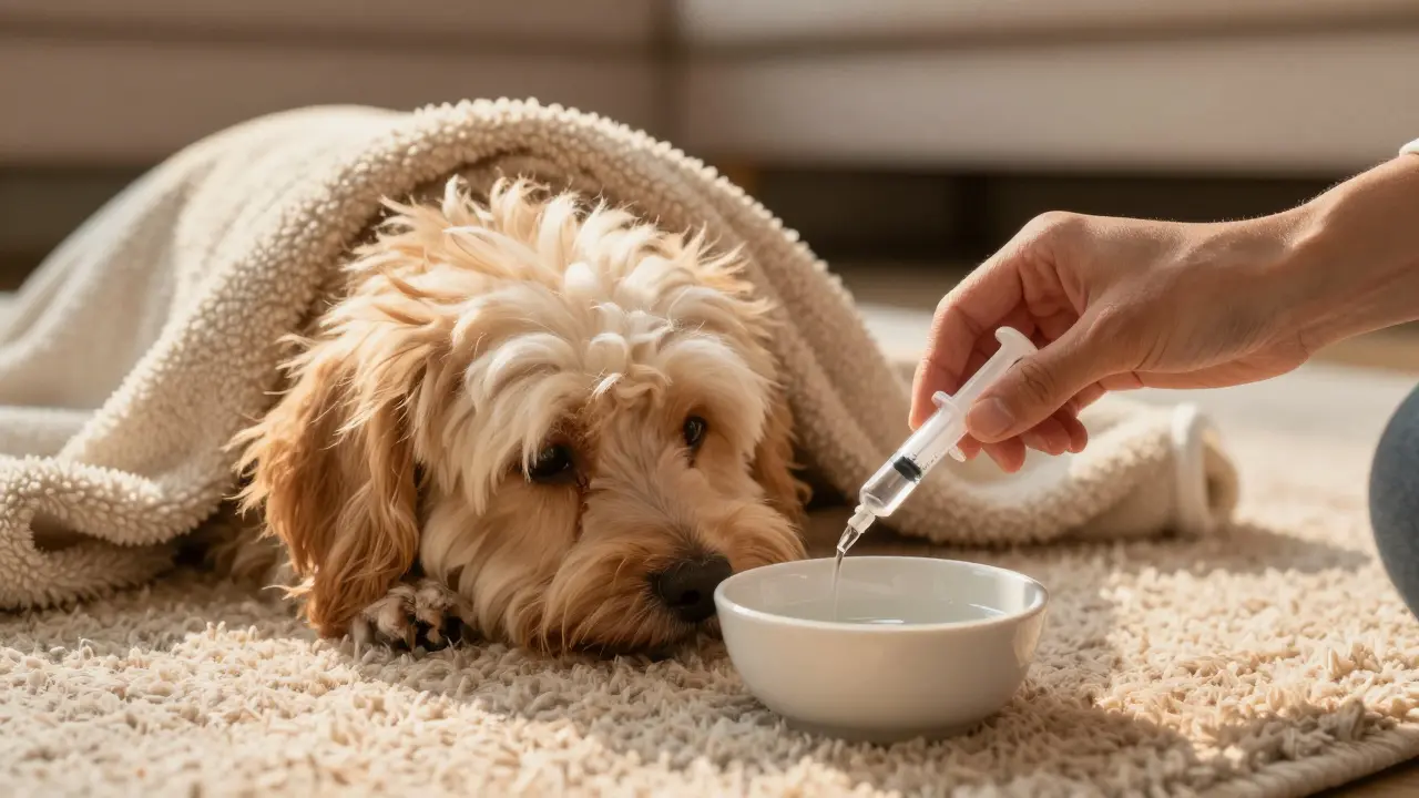 Pes po operaci v teplé dece, který opatrně pije první doušky vody.