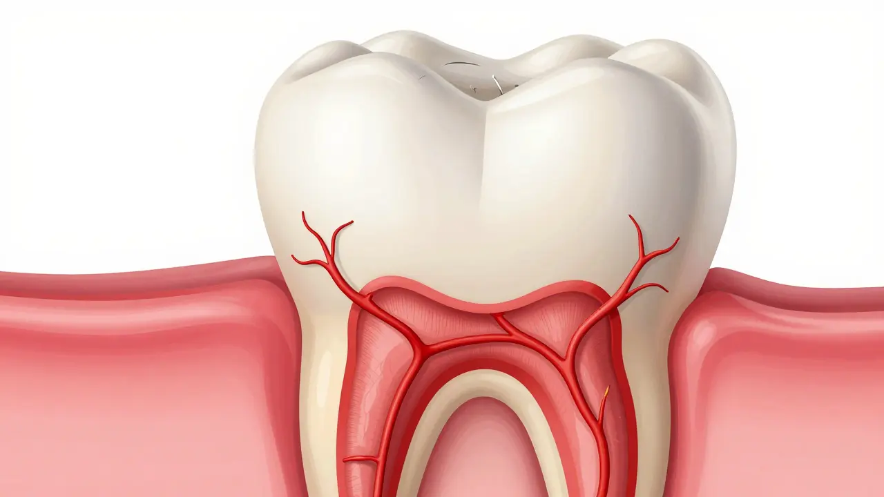 Průřez zubem znázornující sklovinu, dentin a zubní pulpu.