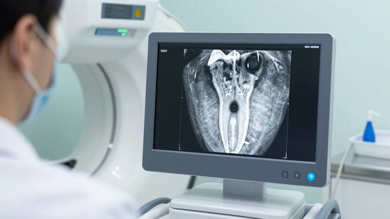 Rentgenový snímek čelisti s viditelným zánětem u špičky kořene zubu.