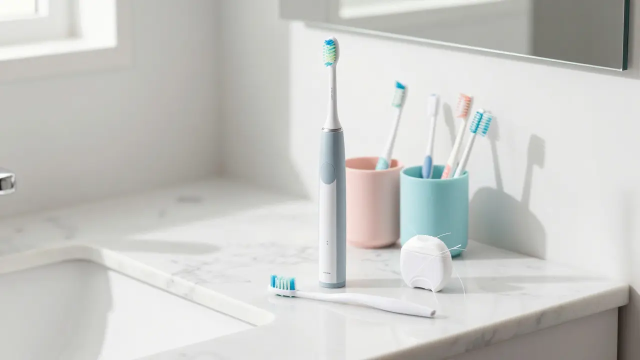 Sada pomůcek pro domácí hygienu: elektrický kartáček a mezizubní kartáčky.