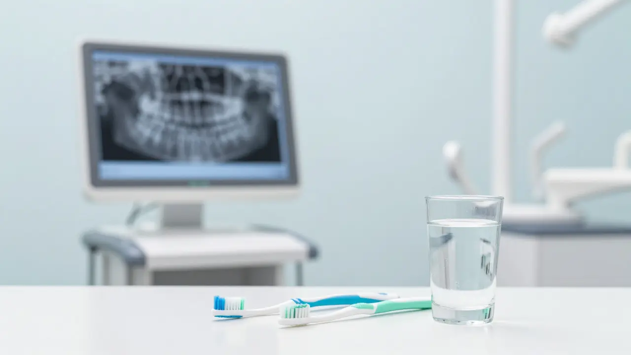 Sada pomůcek pro prevenci zubního kazu a rentgen v pozadí.