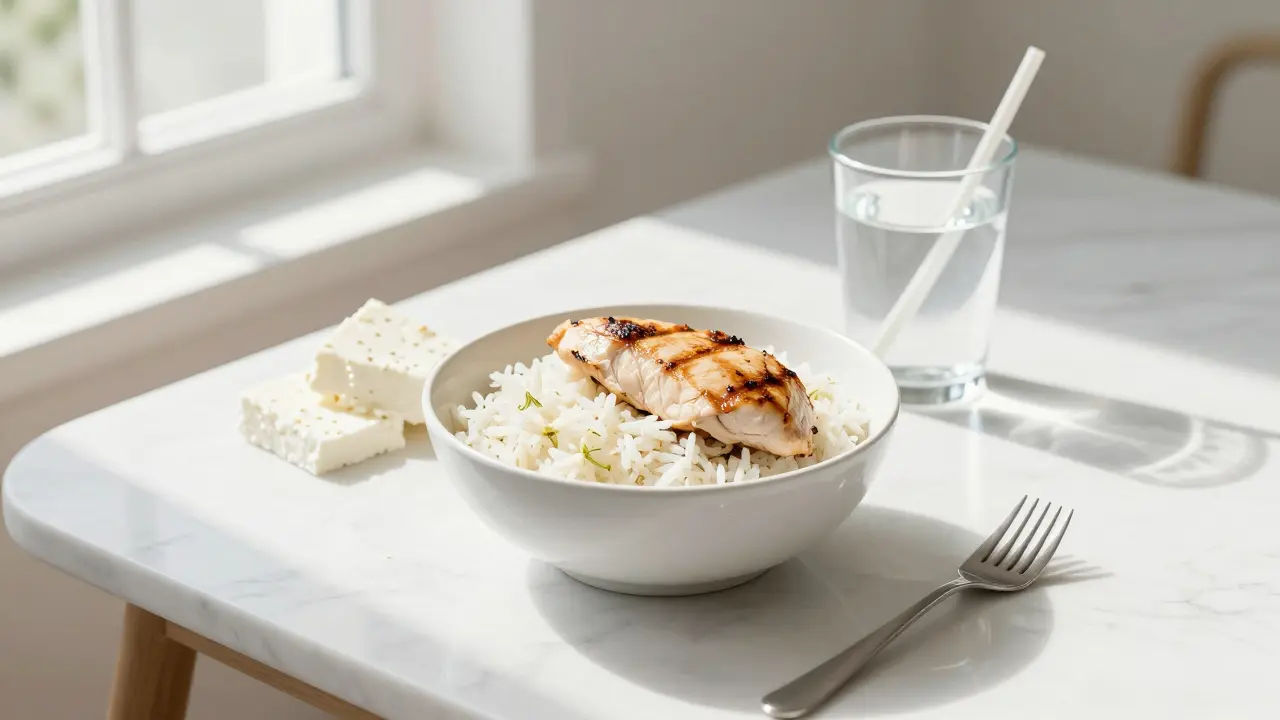 Sada potravin bílé diety včetně rýže, kuřecího masa a sýra na mramorovém stole.