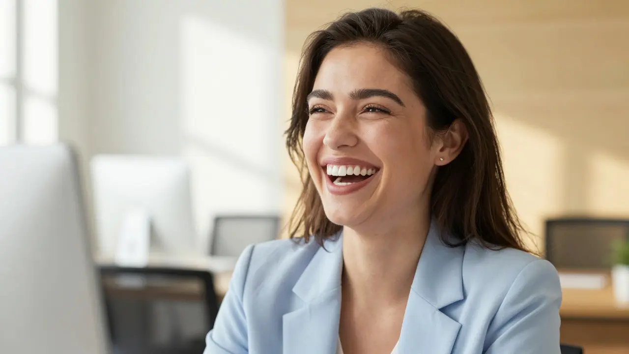  sebevědomý člověk s přirozeným a zářivým úsměvem po aplikaci porcelánových faset.