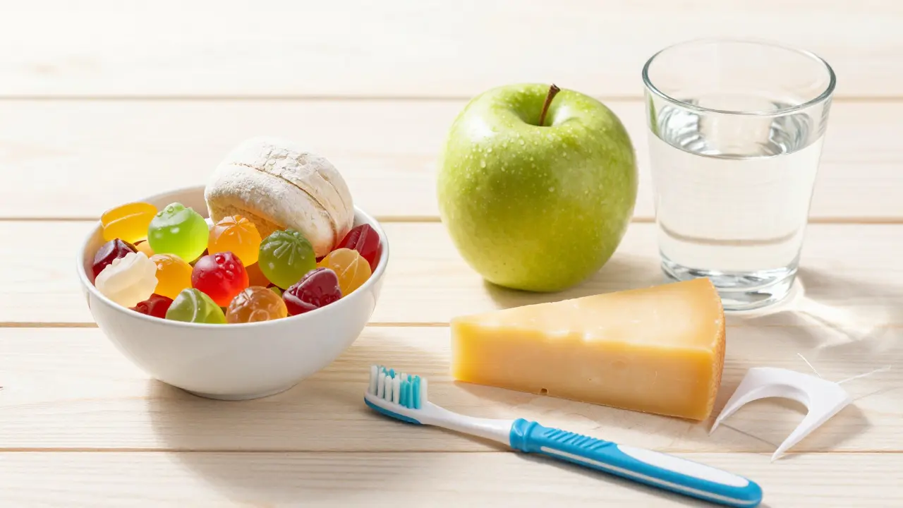 Srovnání nezdravých sladkostí a zdravých potravin s mezizubním kartáčkem.