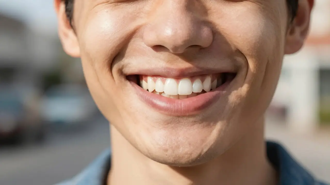 Šťastný člověk s přirozeným a zářivým úsměvem po aplikaci faset.