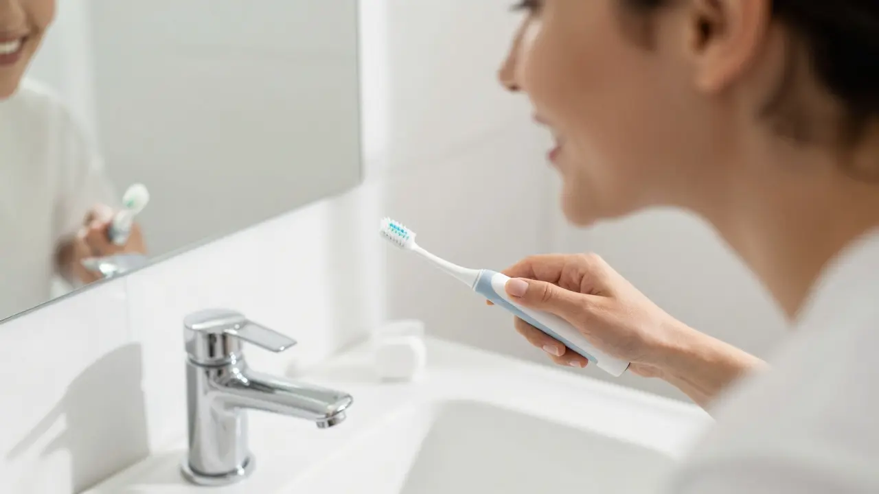 Úsměv člověka s čistými zuby u zrcadla s elektrickým kartáčkem.