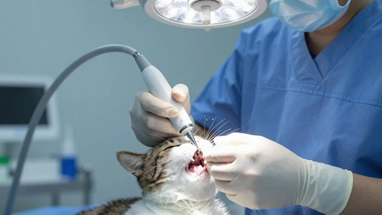 Veterinář provádí profesionální zubní scaling u kočky pod narkózou.