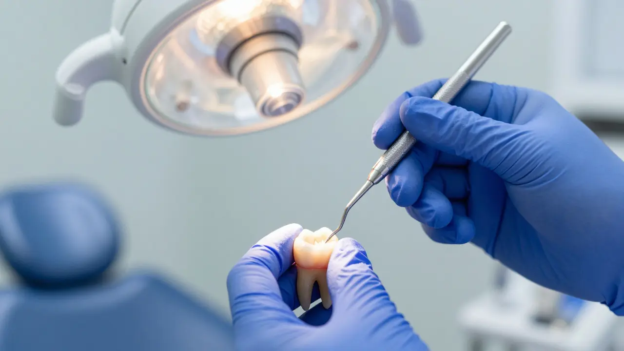 Zblízka zákrok kyretáže zubů pomocí speciálního nástroje v klinice.