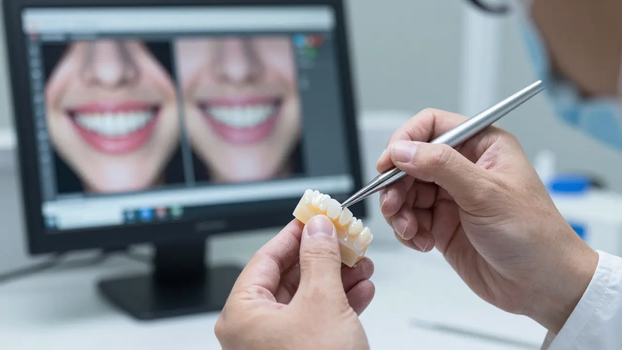 Zubařský technik precizně vyvádí porcelánovou fasetu v moderní laboratoři.