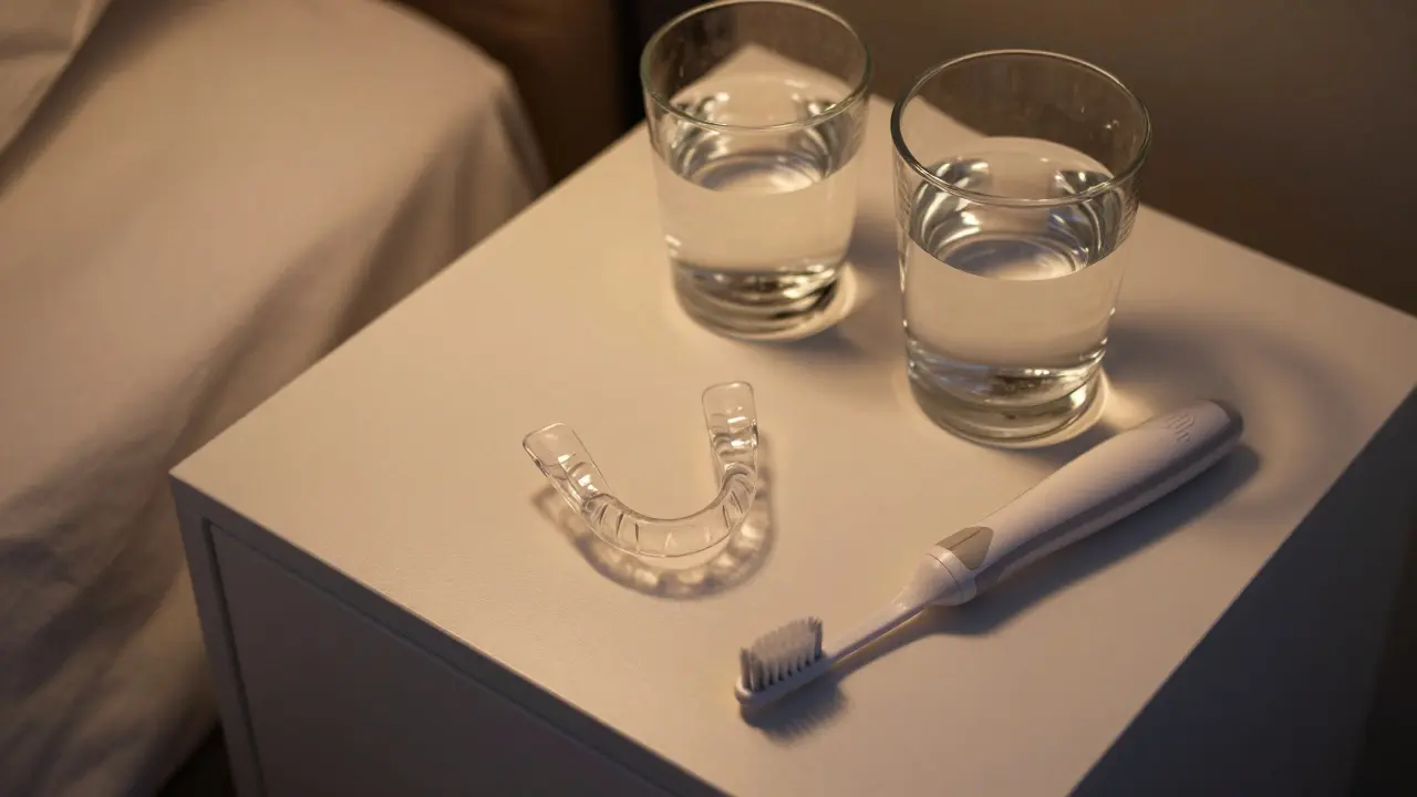 Zubní dlaha a sonický kartáček na nočním stolku