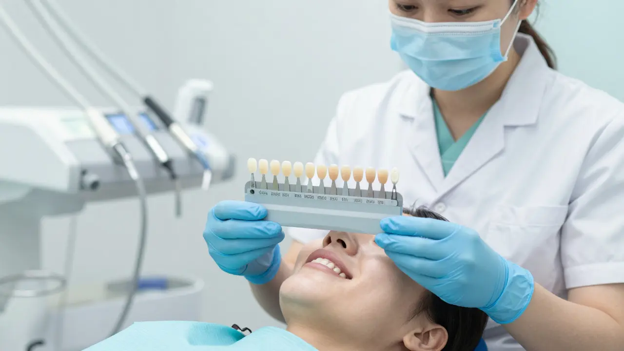 Zubní lékař používá odstínový průvodce pro výběr přirozný barvy zubů.