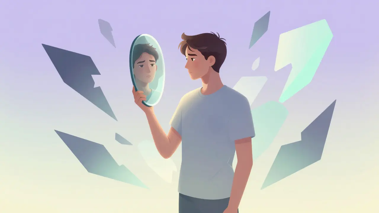 Abstraktní ilustrace duševního zotavení a přijetí sebe sama po operaci.