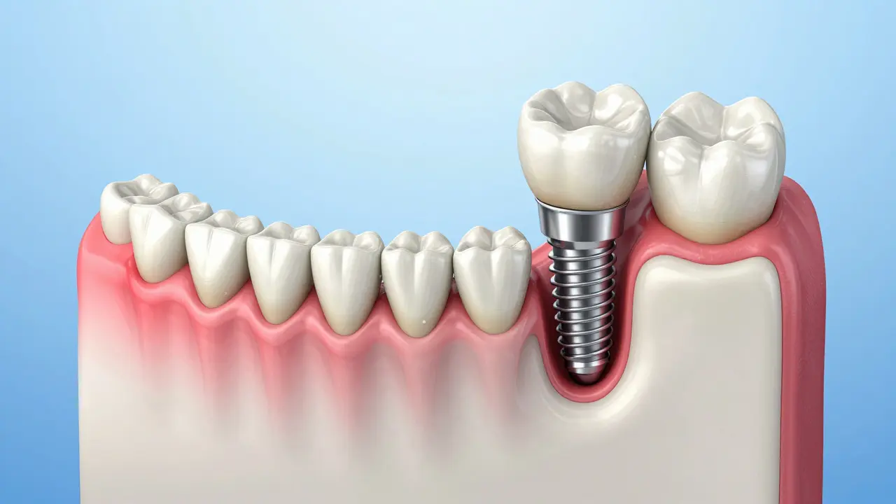Anatomický průřez ukazující implantát v kosti versus zánět