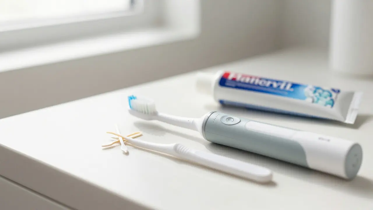 Elektrický kartáček a mezizubní kartáčky na čistém pultu