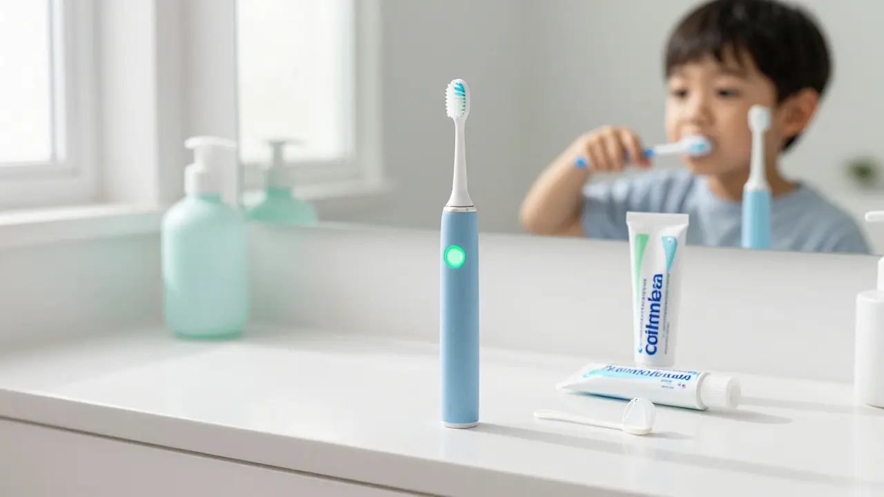 Elektrický kartáček s senzorem tlaku a zubní niť na umyvadle