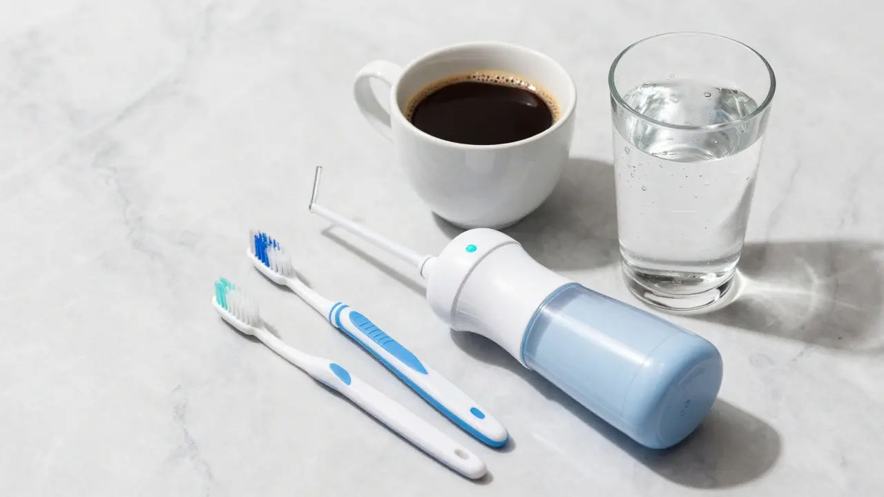 Hygienické pomůcky a nápoje s brčkem na mramoru