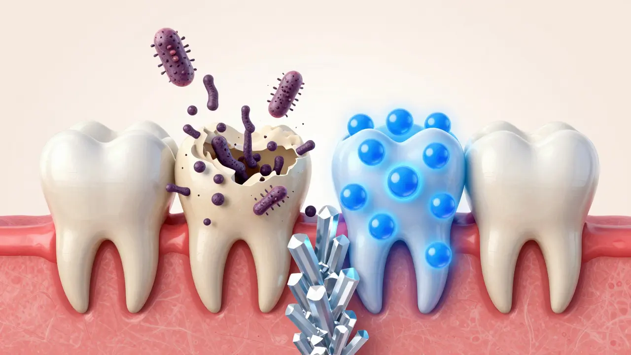 Konceptuální ilustrace ochrany zubů fluoridem proti kyselinám