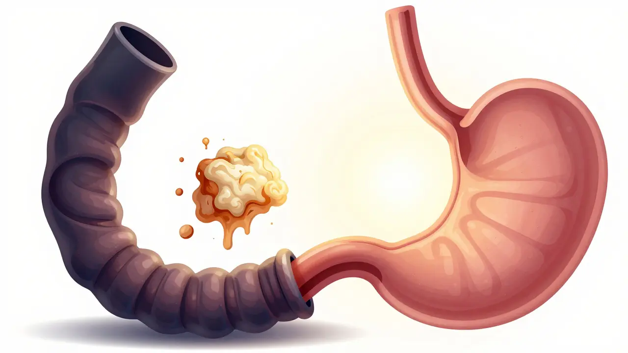 Konceptuální ilustrace porovnávající ucpaný a léčený jícen.