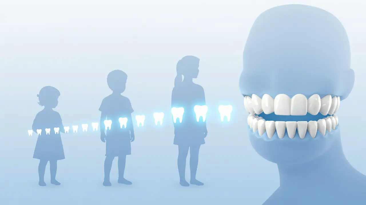 Konceptuální ilustrace vývoje zubů od dětských po dospělé