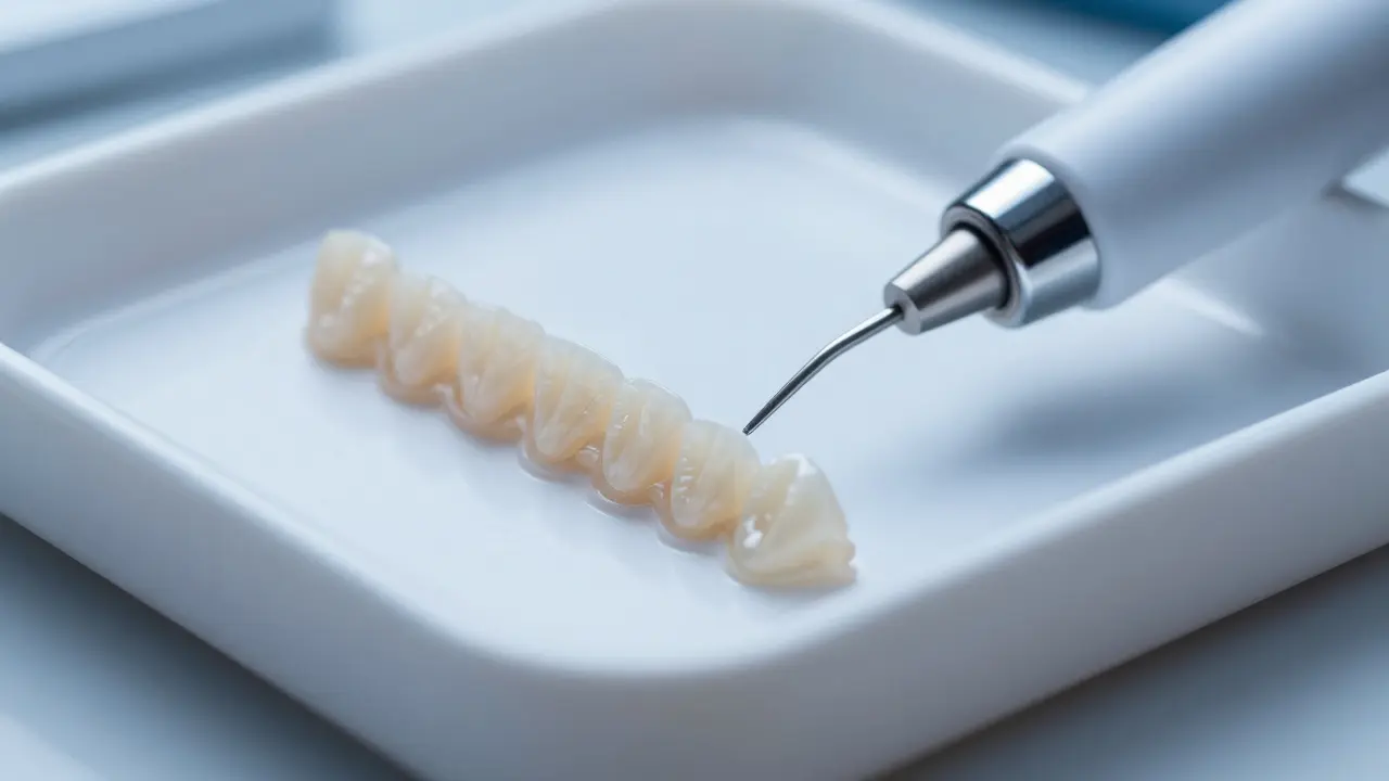 Porcelánové zubní fazety a skener na lékařském tácu