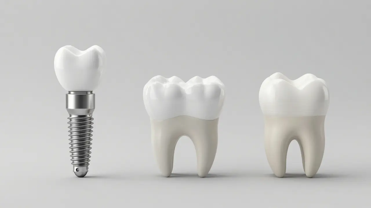 Porovnání zubního implantátu, mostu a korunky v 3D vizualizaci