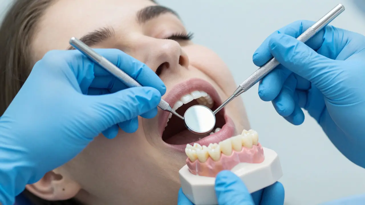 Stomatolog vyšetřuje zub speciálním nástrojem v klinickém prostředí.