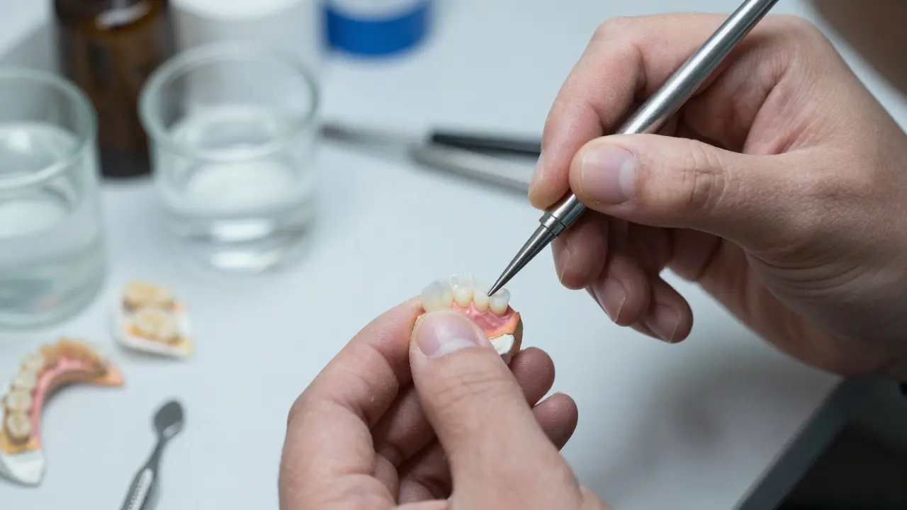 Technik ručně maluje porcelánové fazety v laboratoři