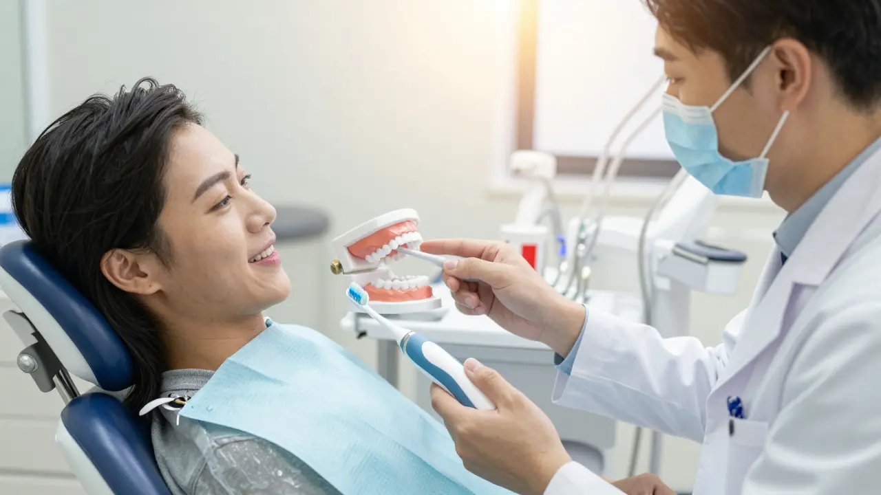 Zubní lékař ukazuje pacientovi ergonomický kartáček