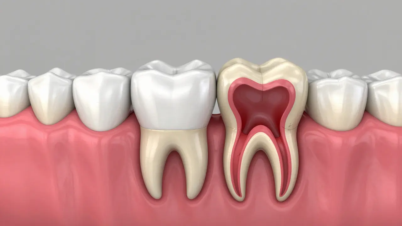 Anatomický průřez zubem ukazující kaz, recesi dásní a zánět