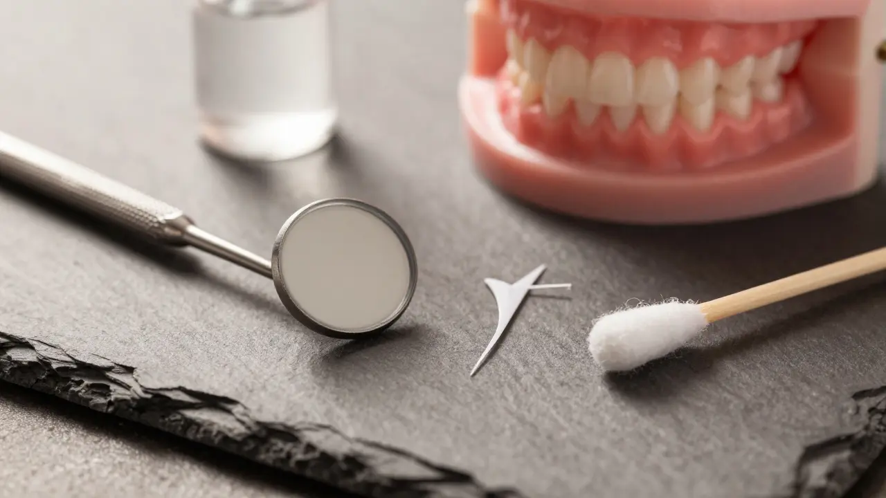 Dentální zrcátko a hygienické potřeby na kamenném podkladu