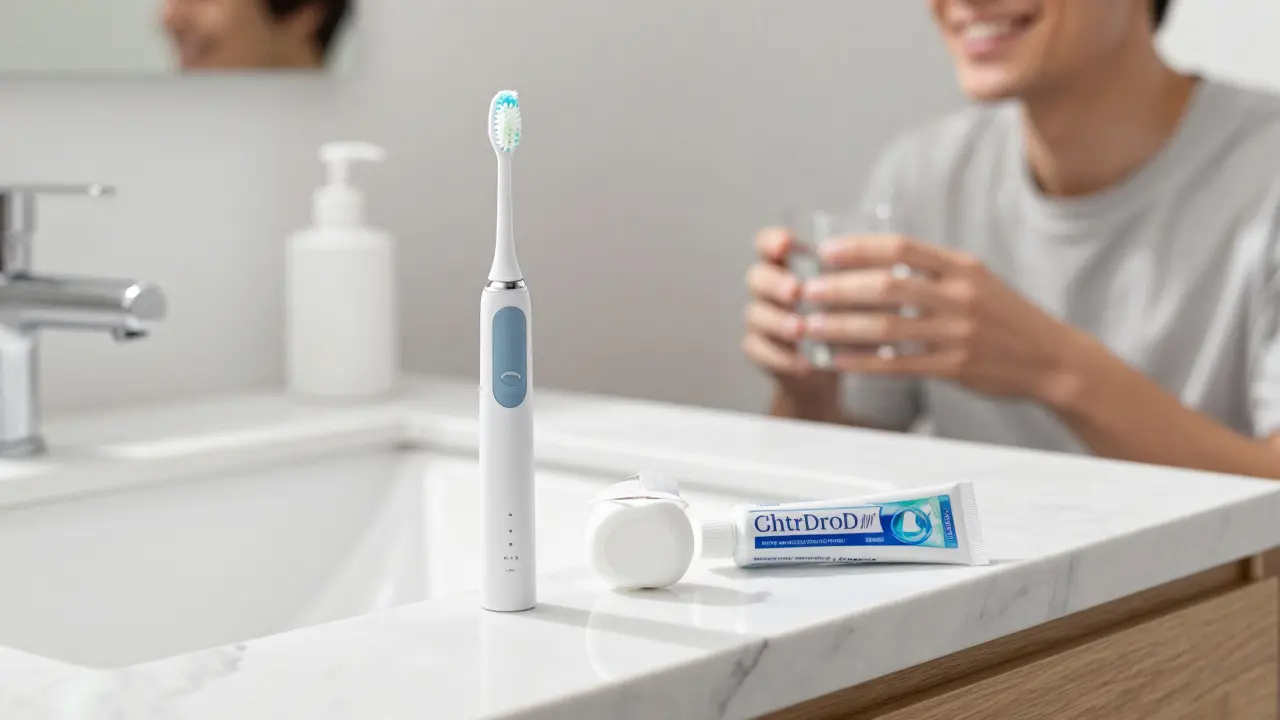 Elektrický kartáček a niť na umyvadle jako symbol správné hygieny
