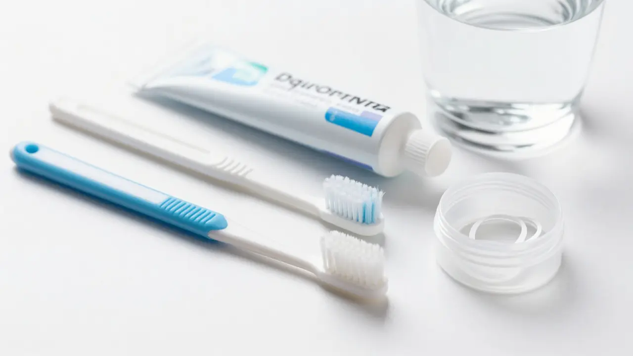 Hygienické pomůcky pro péči o rovnátka na bílém povrchu