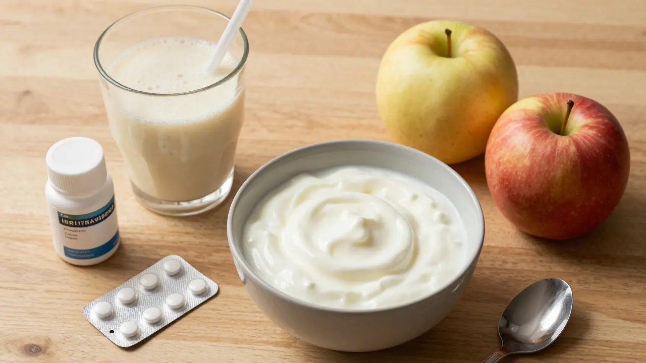 Miska jogurtu, smoothie a léky na úlevu od bolesti pro regeneraci