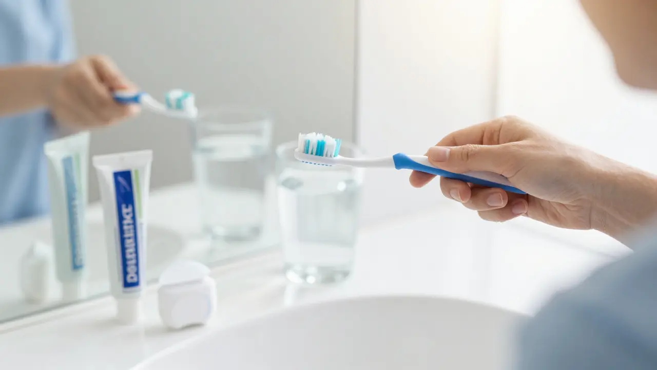 Osoba pečlivě čistící přední zuby měkkou kartáčkem pro prevenci
