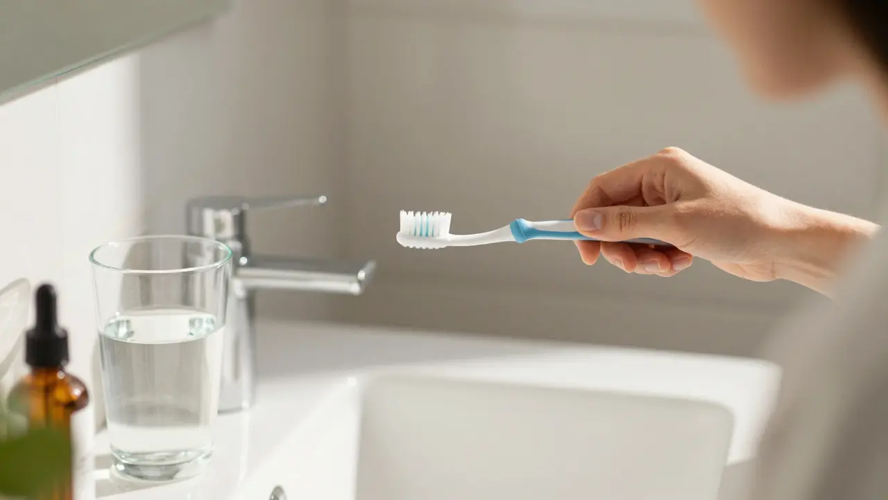 Osoba pečující o ústní hygienu pomocí mezizubních kartáčků