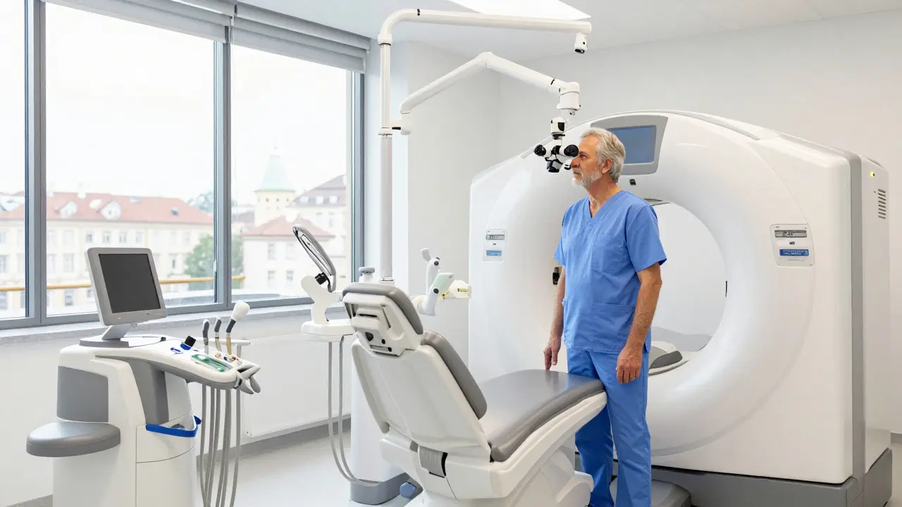Pokročilé vybavení zubní kliniky s výhledem na Prahu