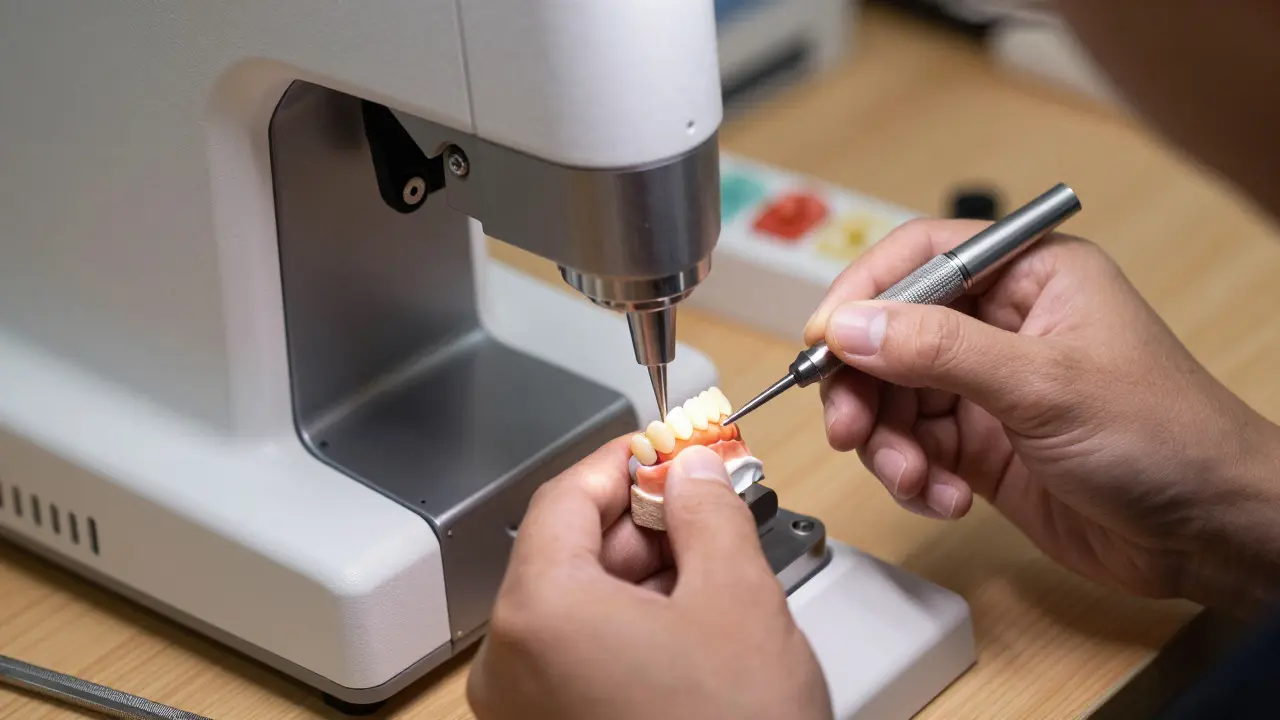 Technik vyrábí keramickou korunku v laboratoři