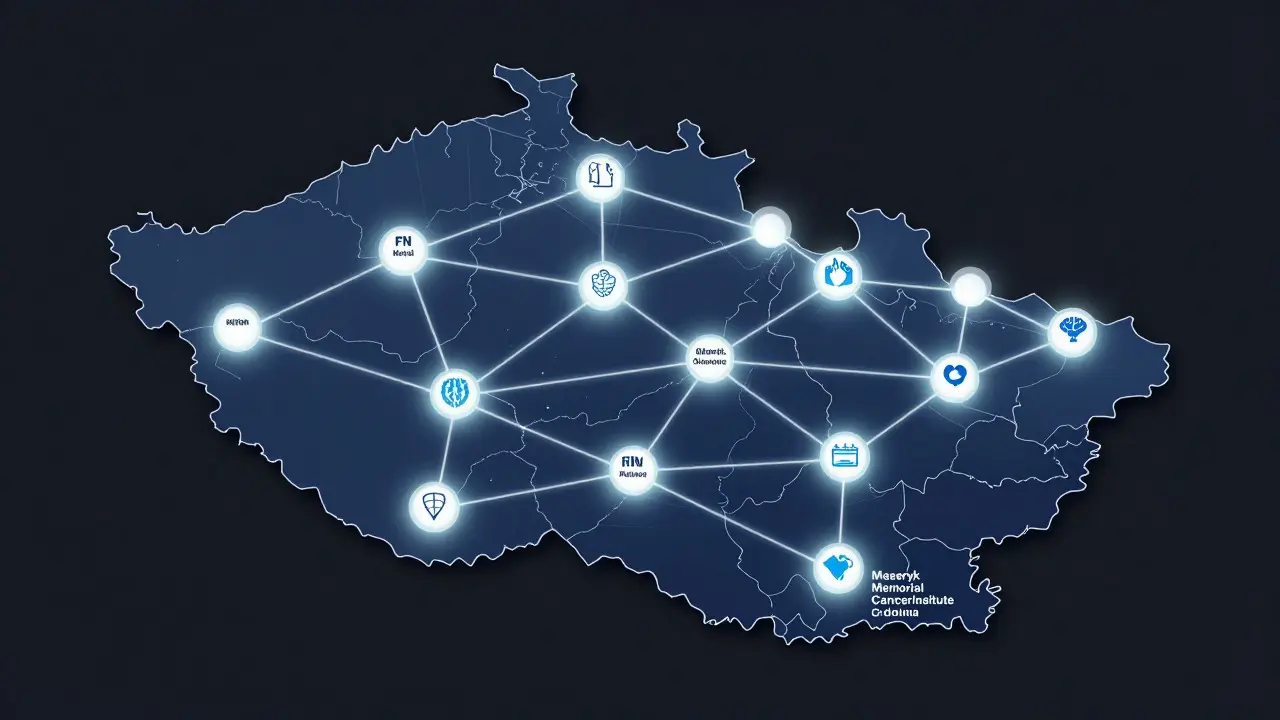Abstraktní mapa ČR s propojenými uzly špičkových nemocnic